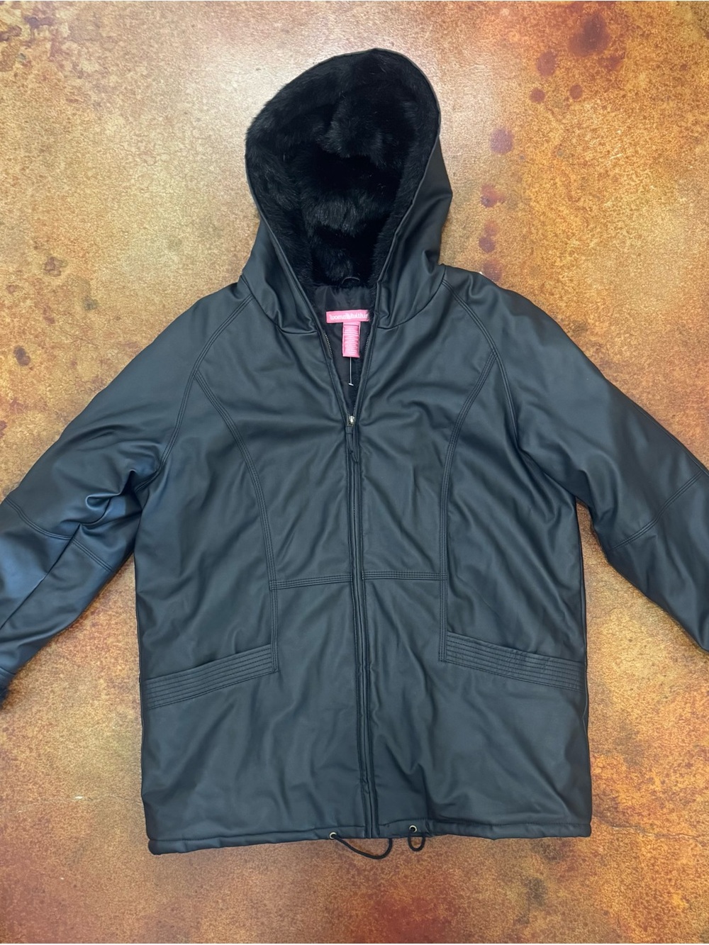 Woman Within Black Faux Leather Hooded Jacket with Faux Fur Lining
